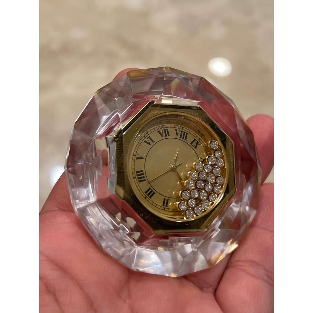 Crystal Faceted Desk Clock Gold Tone Rhinestone‎ Accents Home Decor
